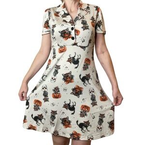 Sourpuss Black Cat Rosie Dress Cream Button Dress Goth Halloween Rockabilly Med